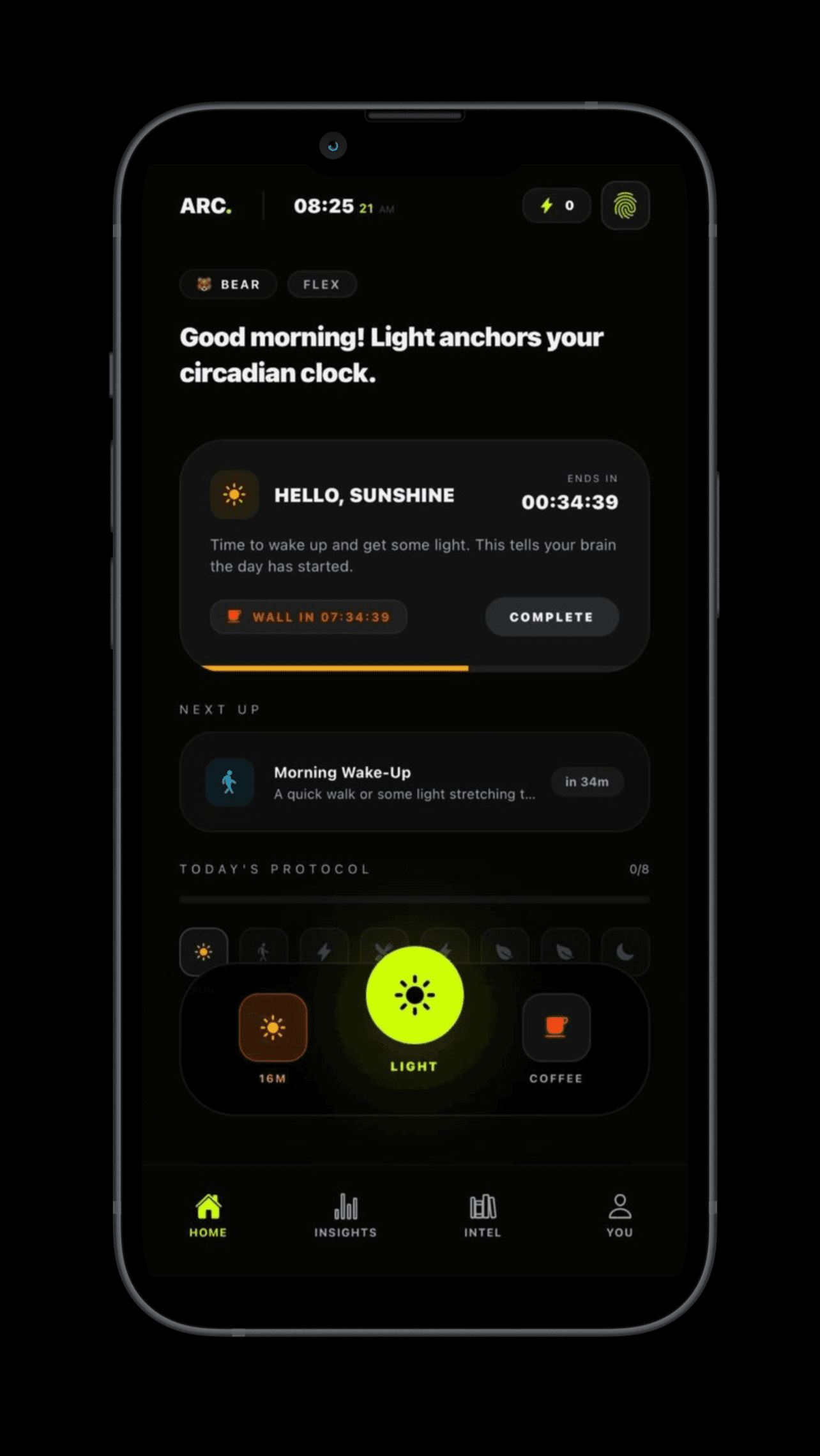 Stop Fighting Your Body — ARC home screen with Bear chronotype, active protocol block and sunlight countdown