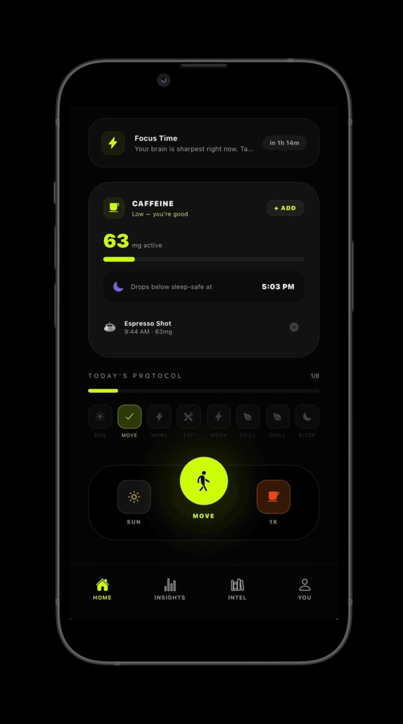 ARC caffeine decay tracker screen - active caffeine mg and sleep-safe prediction