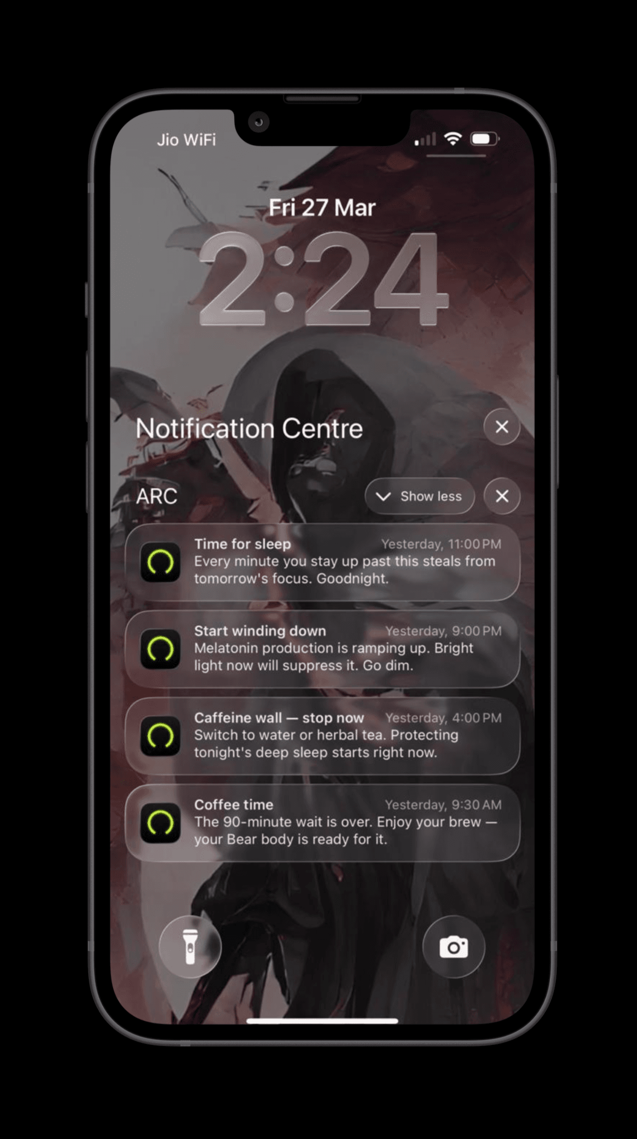 Never Miss Your Window — ARC smart iOS notifications for coffee time, caffeine wall, and wind-down