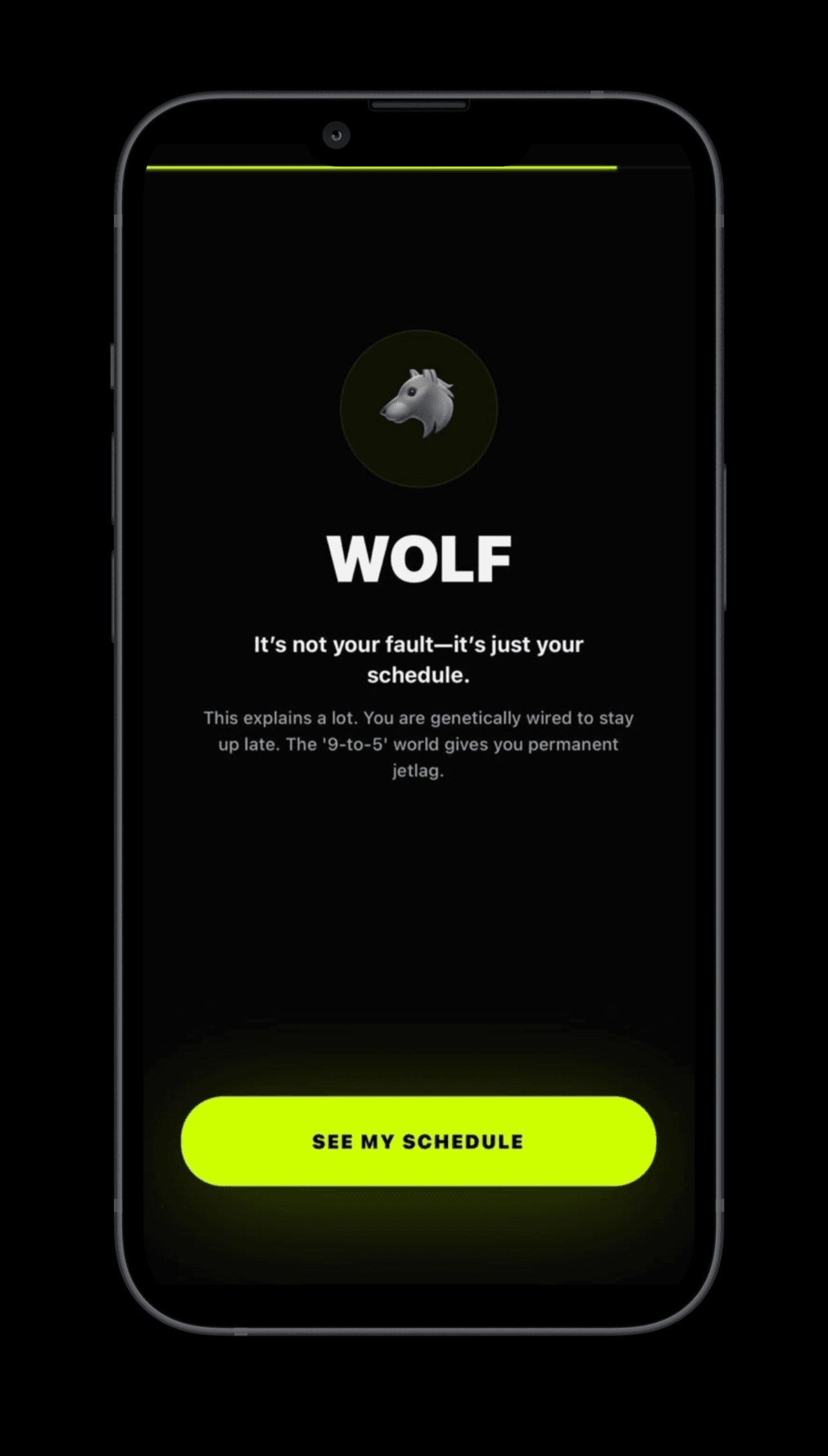 Find Your Chronotype — ARC Wolf chronotype reveal with personalized schedule explanation